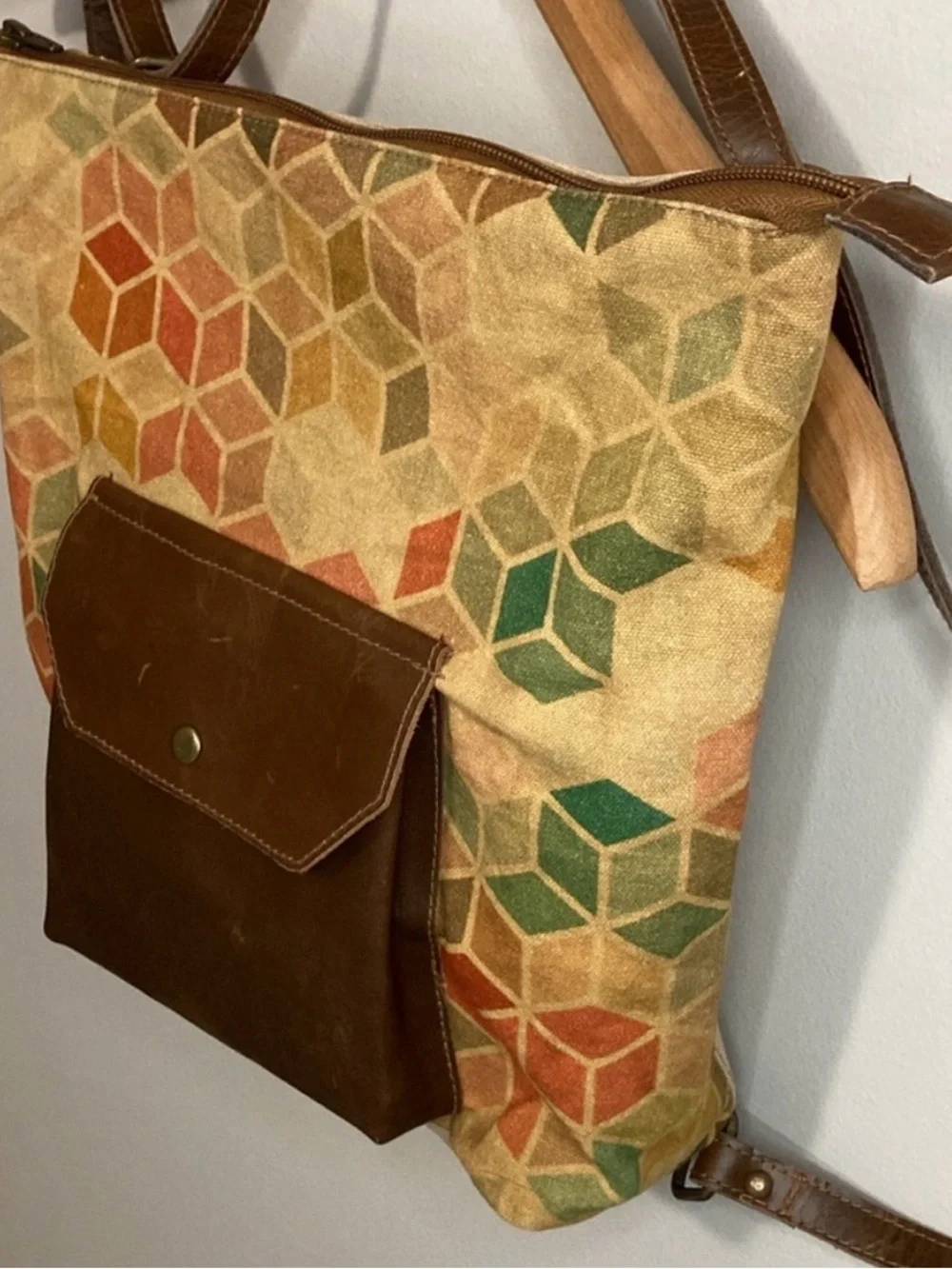 Multicolor Geometric Canvas Backpack with Brown Leather Pocket, Cott n Curls